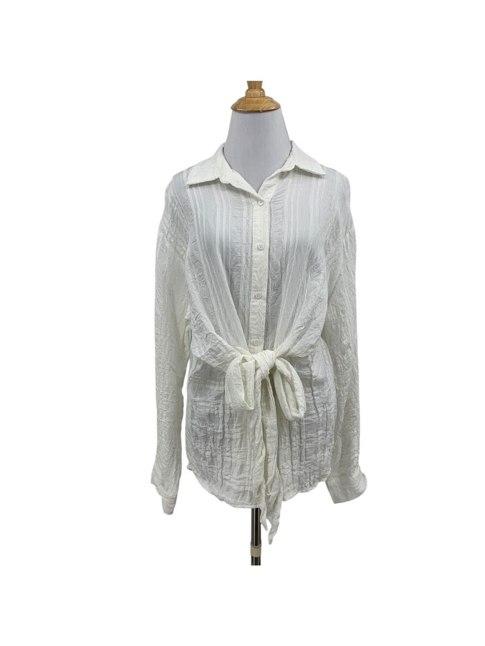 G.P.D. Blouse Womens L Large White Crinkled Button Front Tie Waist Long Sleeve